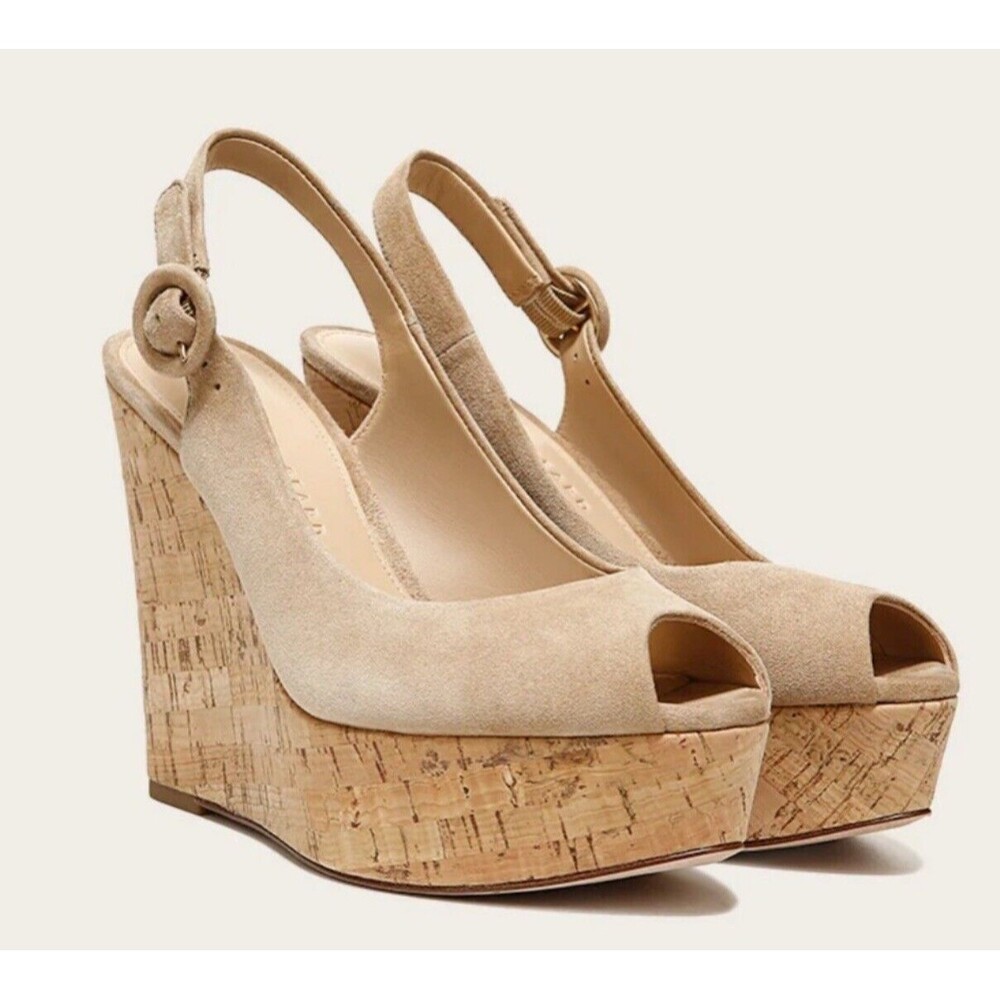 Veronica Beard Dali Sand Suede Peep Toe Cork Wedge Platform Sandal Sz 9 New WOT